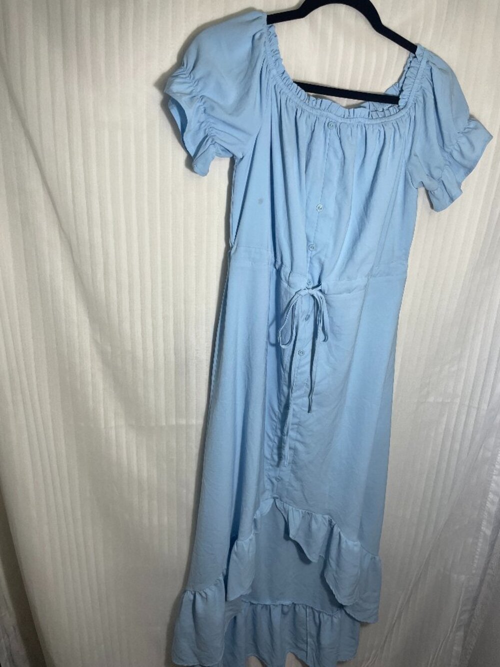 Womens Light Blue High Low Dress Ruffle Hem Puff Sleeve Button Front Tie Waist